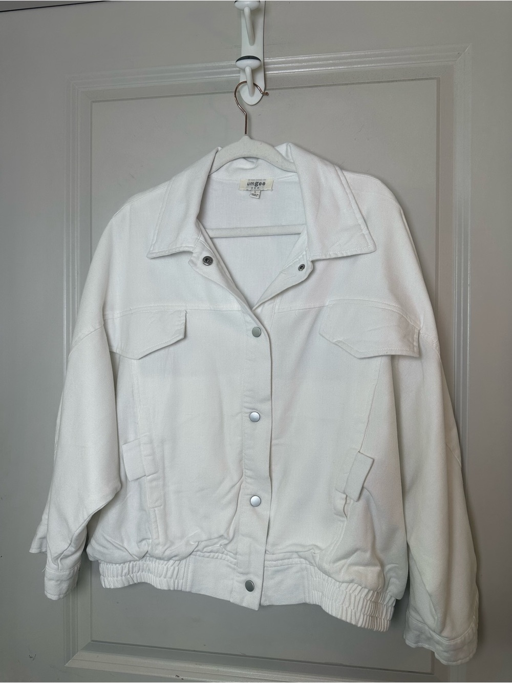 UMGEE Linen Cottoen Oversized Utility Drop Shoulder White Bomber Jacket, Large